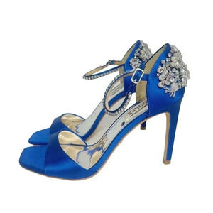 NWOT Badgley Mischka Blue Satin Crystal Encrusted Stilettos Square Toe Size 6.5